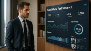 Executivo analisando um relatório de desempenho das redes sociais em uma tela grande dentro de um escritório moderno.